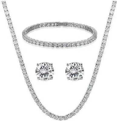 ダイヤモンドのラインストーンの宝石類はテニスのネックレスのイヤリングの吊り下げ式の銀製の925宝石類セットを置いた