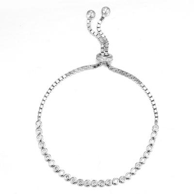 最高時のSilver CZ Bolo Bracelet 2.4mm Round Stone Solitaire Diamond Bracelet