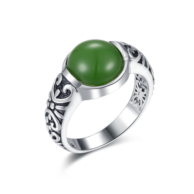 切り分けられた925銀製の宝石用原石リング10x10mm円形の定形深緑色のヒスイ リング